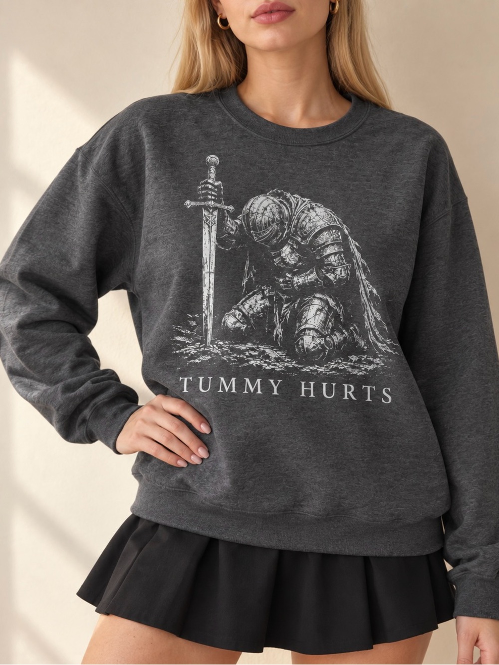Tummy Hurts Knight Sword Funny Ironic Aesthetic Charcoal Gildan Sweatshirt